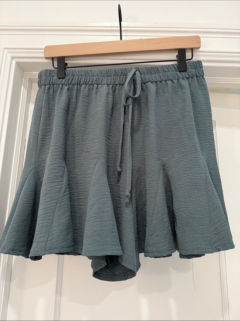 Hem & Thread Dusty Teal Textured Ruffle Mini Shorts